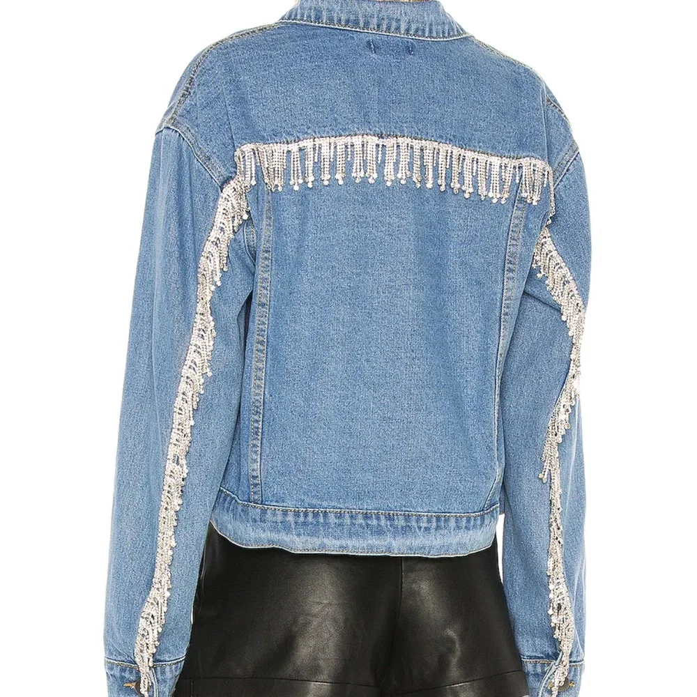 NWOT Revolve Superdown Rhinestone Fringe Denim Jacket - Picture 4 of 10